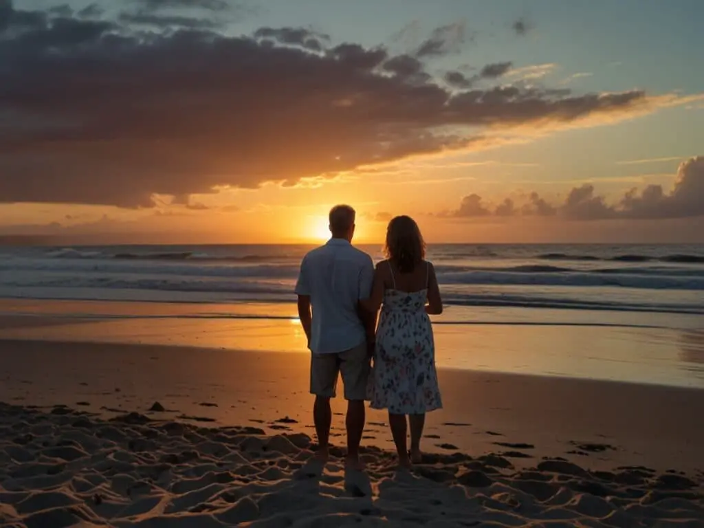 Family enjoying a scenic sunset on the beach during a 10-Day Bali Itinerary for Family, with warm skies and calm waves.