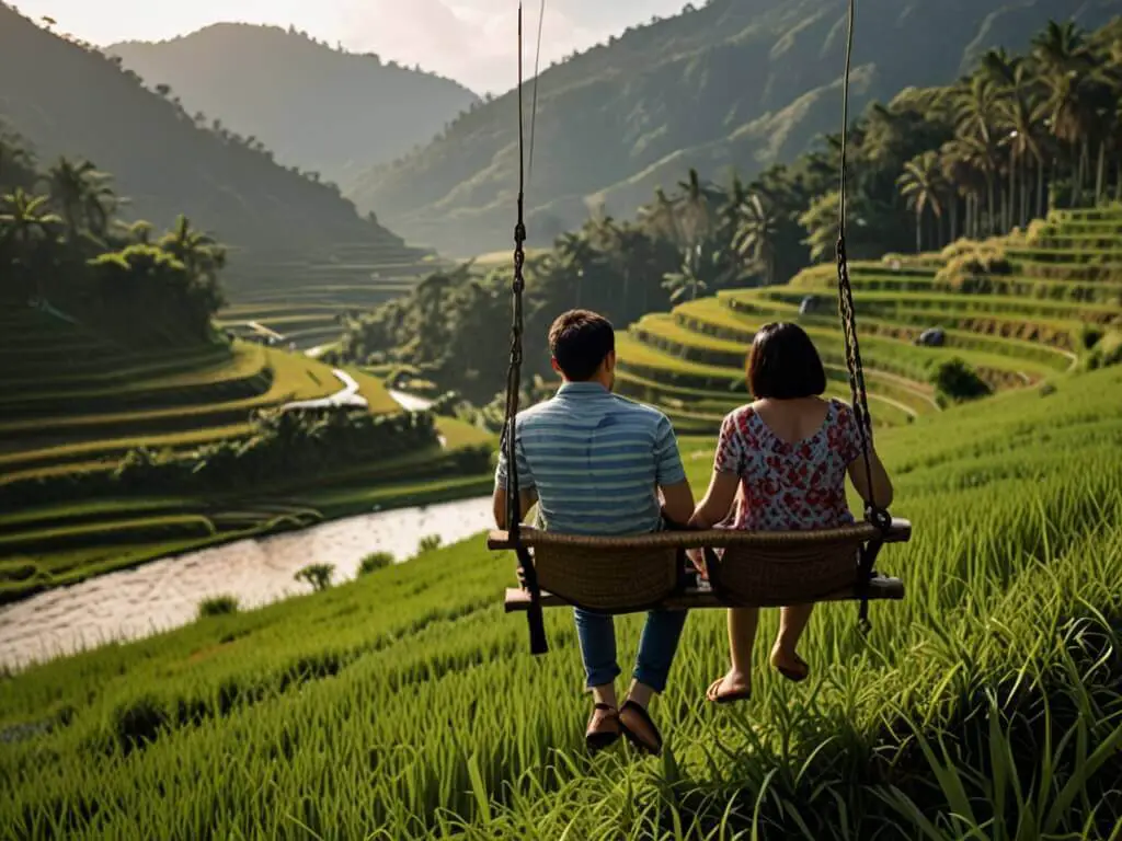 Family swinging together in front of scenic rice terraces, a memorable activity during the 10-Day Bali Itinerary for Family.