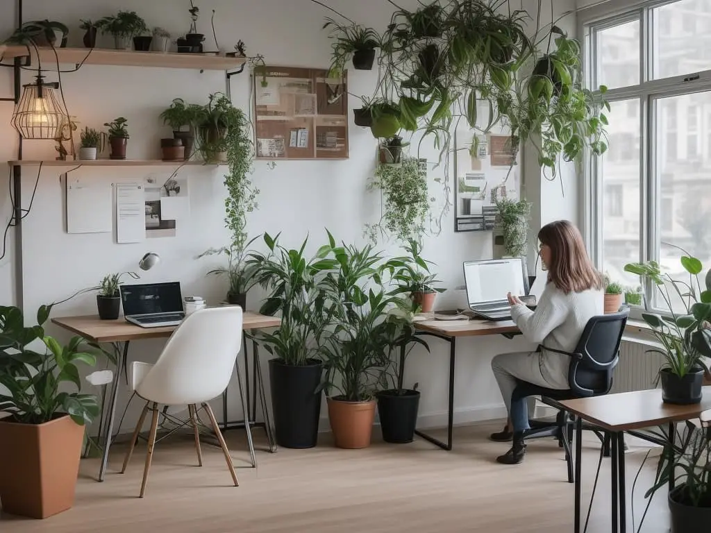Cozy coworking corner with someone typing on a laptop