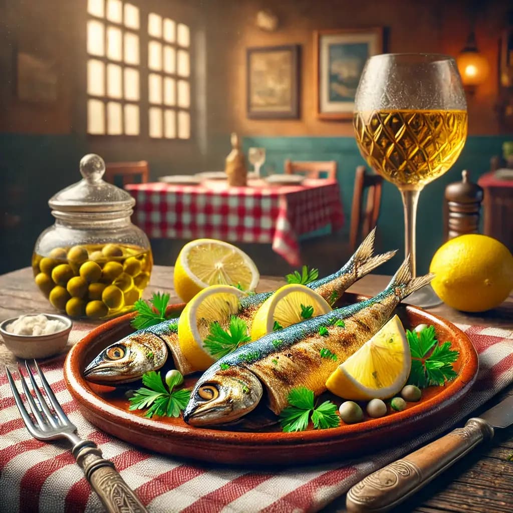 Plate of grilled sardines with lemon wedges and fresh parsley in a cozy Lisbon eatery