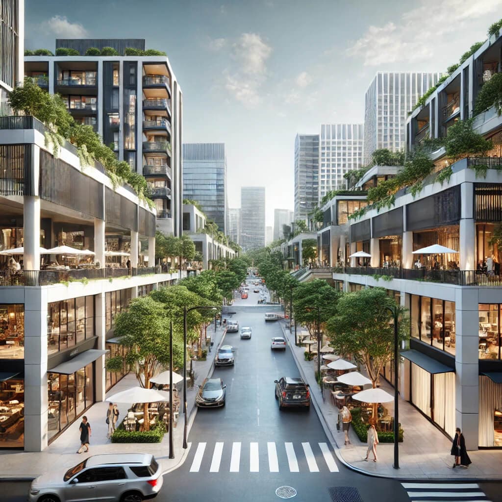 A view of the upscale Polanco neighborhood in Mexico City, showcasing modern buildings, green spaces, and luxury shops.