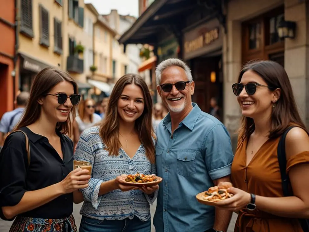 A group of tourists on a foodie tour, exploring local cuisine and enjoying traditional dishes while walking through a lively city with a guide