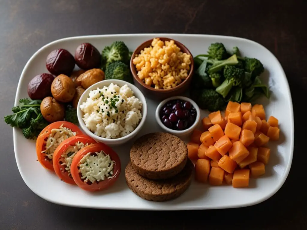 A plate of vegan gluten-free food featuring fresh vegetables, grains, and plant-based ingredients, beautifully arranged on a rustic table.