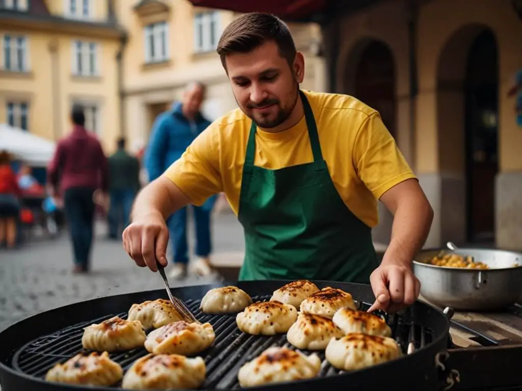 A street food vendor grilling food with dumplings