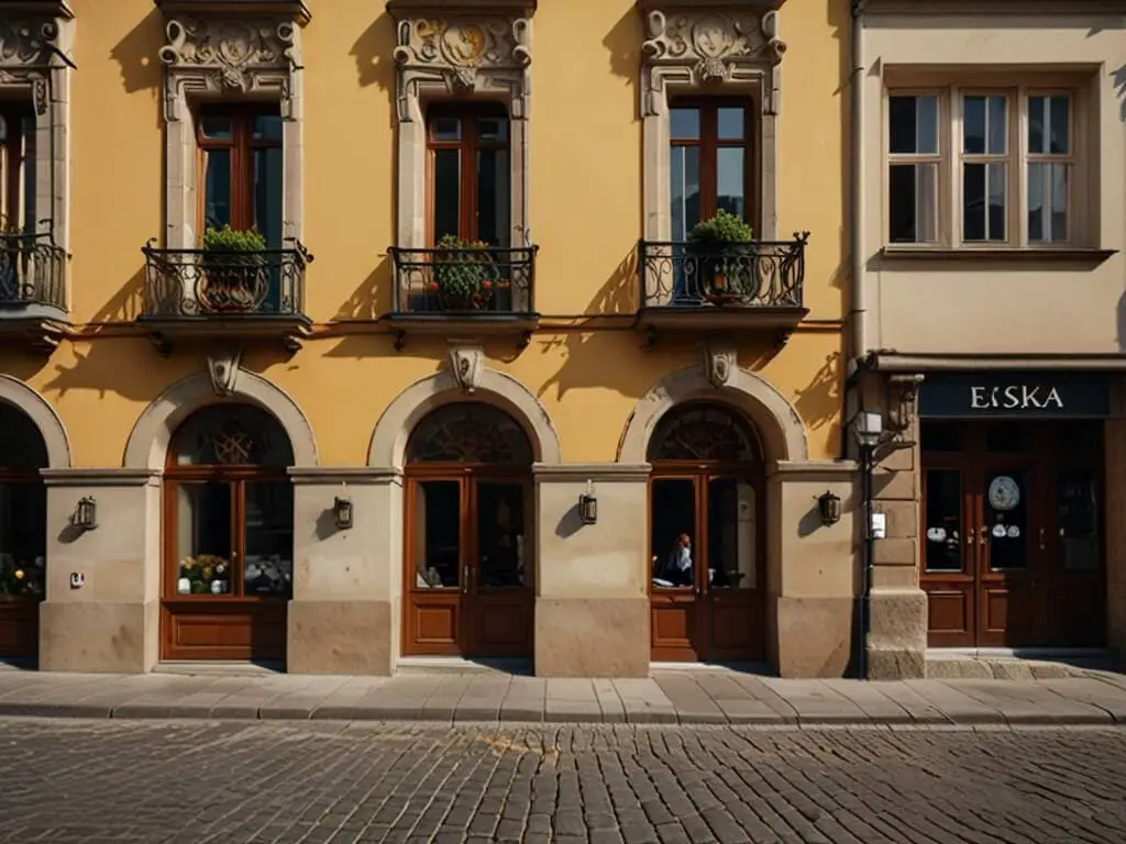 Street view of Eska Prague, a modern restaurant with industrial architecture and glass windows, located on a bustling Prague street with pedestrians and bicycles.