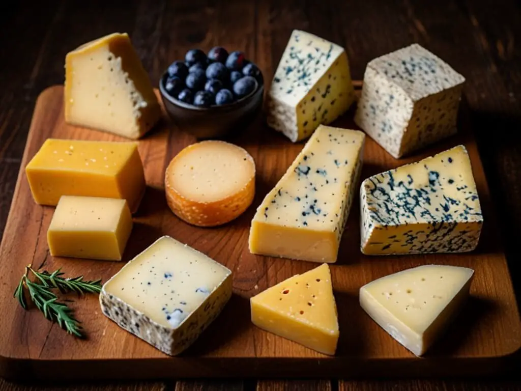 A tasting board featuring a variety of Czech cheeses in different shapes and textures, accompanied by garnishes like grapes, figs, and nuts, arranged on a rustic wooden board with soft, warm lighting.