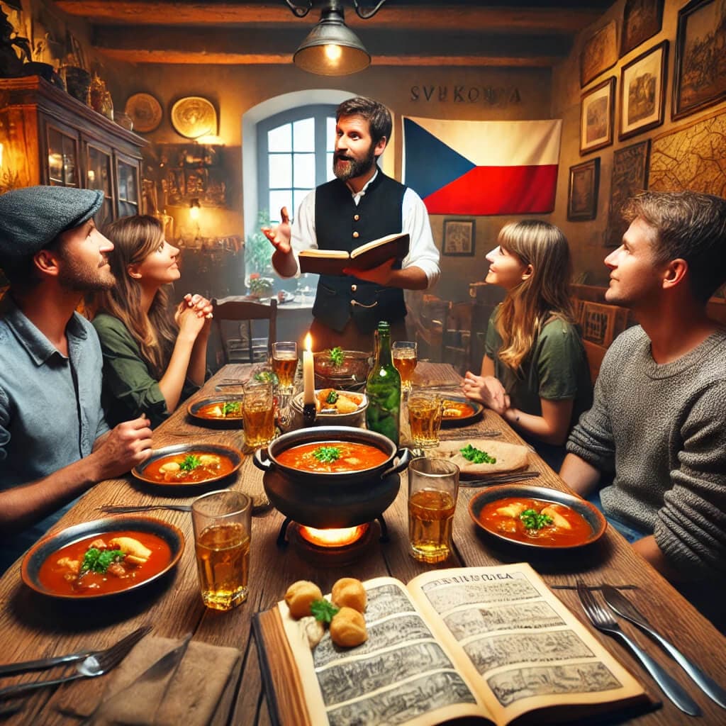 guide explaining Czech history to a group of tourists during a Prague Food Tour, as they enjoy traditional Czech dishes like goulash, svíčková, and dumplings in a cozy restaurant with rustic decor