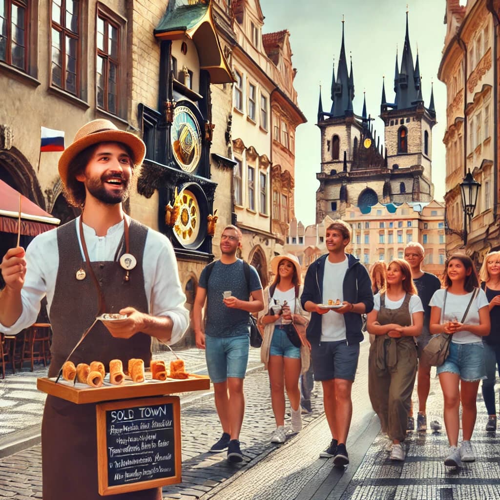 A tour guide leading a Prague Food Tour through Old Town, walking with a group of tourists along cobblestone streets, stopping at a local food stall to sample traditional Czech dishes like trdelník and sausages, with historic Gothic and Baroque architecture in the background.