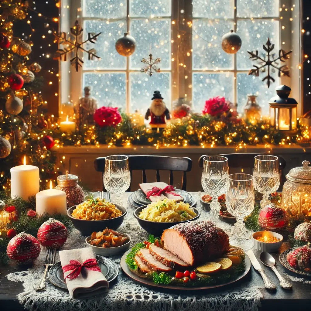 A holiday-themed table with traditional Estonian dishes and Christmas lights in the background