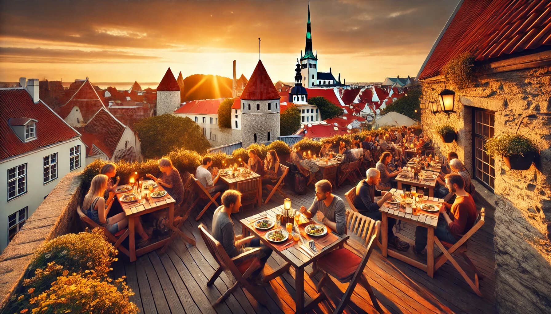 A terrace view of the walled city at sunset, featuring diners enjoying their meals with medieval rooftops in the background